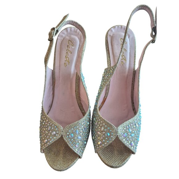 Gold Rhinestone Platform Heels With Peep Toe & Ankle Strap By Celeste Size 7.5 - Picture 7 of 7